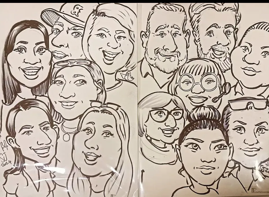 Two A4 pen and ink group caricatures side by side
