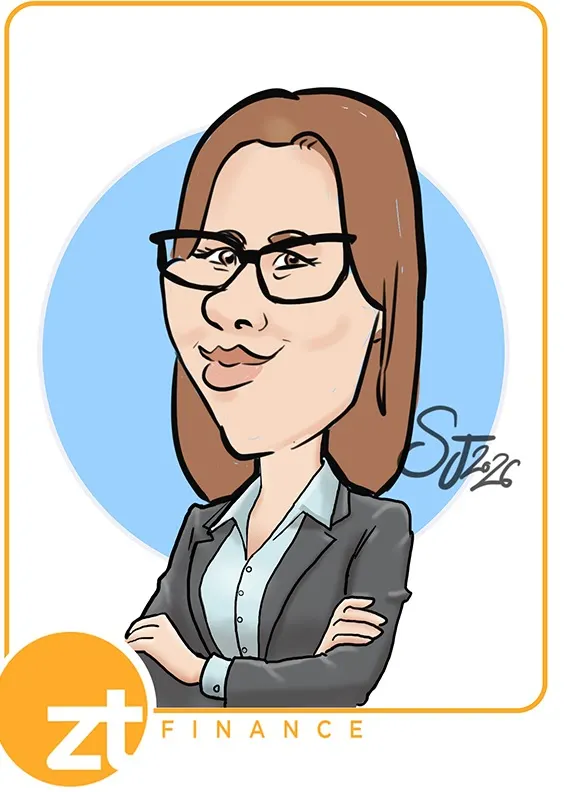 Digital colour caricature of a woman with glasses, ZT Finance branded
