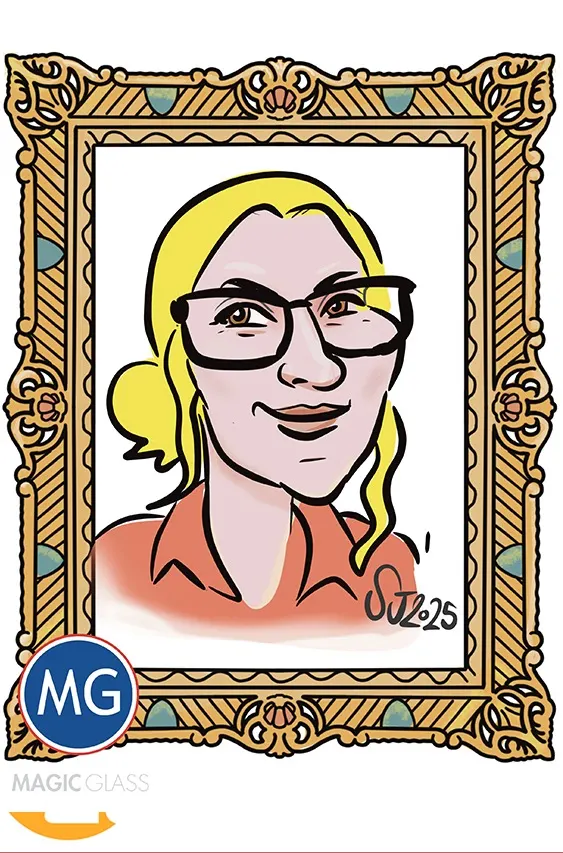 Digital caricature of a woman with glasses in an ornate gold frame, Magic Glass branded