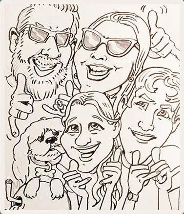 Pen and ink caricature of four people and a small dog on one sheet